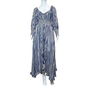 NWT By Anthropology Chambray Blue/White Striped Sweetheart Neck Midi Dress Sz M